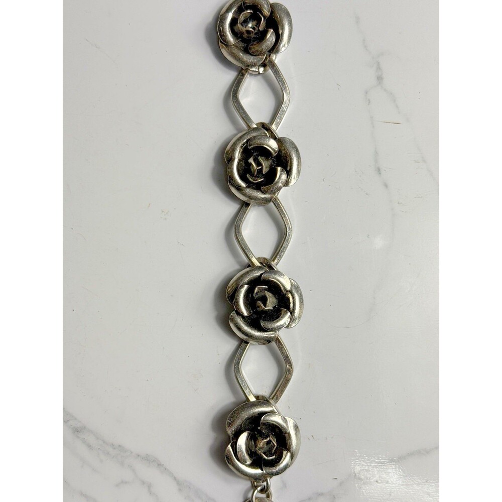Silver Black Antiqued Rose Bracelet Vintage Style Flower Stainless-S 7-8" Toggle - Picture 4 of 6